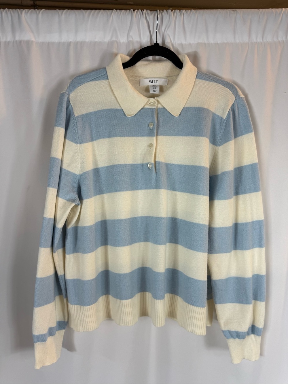 WILT Blue and Cream Striped Polo Sweater color: white, light blue SZ:XL